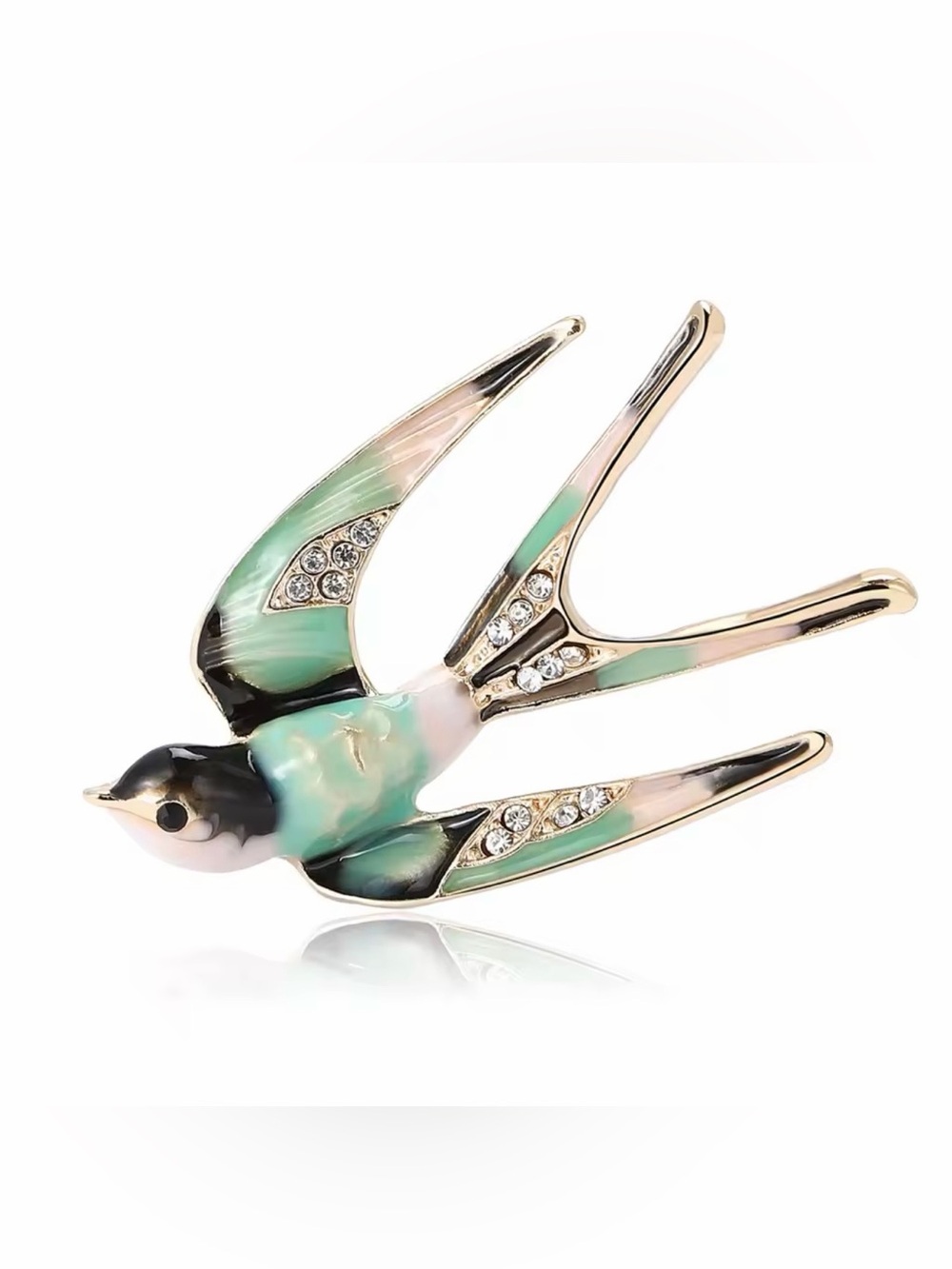 Elegant Mint & Pink Enamel Swallow Bird Brooch with Rhinestones